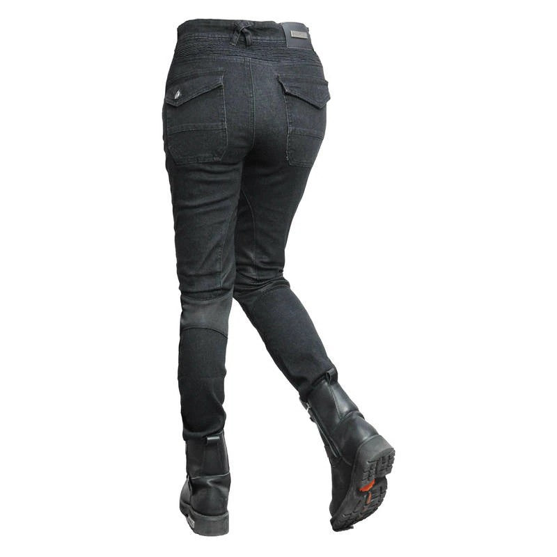 Womens Black Motorcycle Riding Jeans Kevlar Reinforced Slim Fit