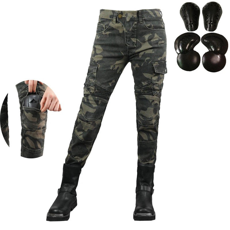 Womens Military Camo Motorcycle Jeans Durable Riding Pants