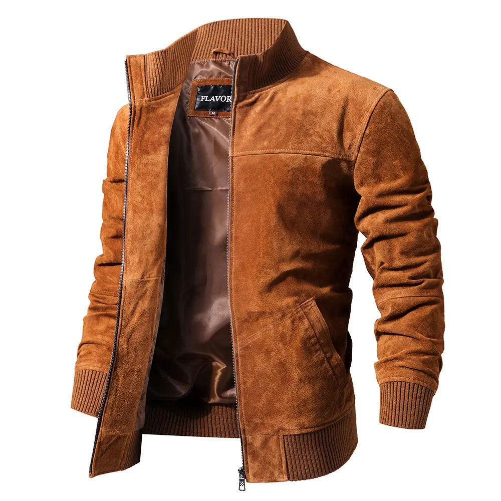 Mens Suede Leather Biker Jacket Slim Fit Motorcycle Coat