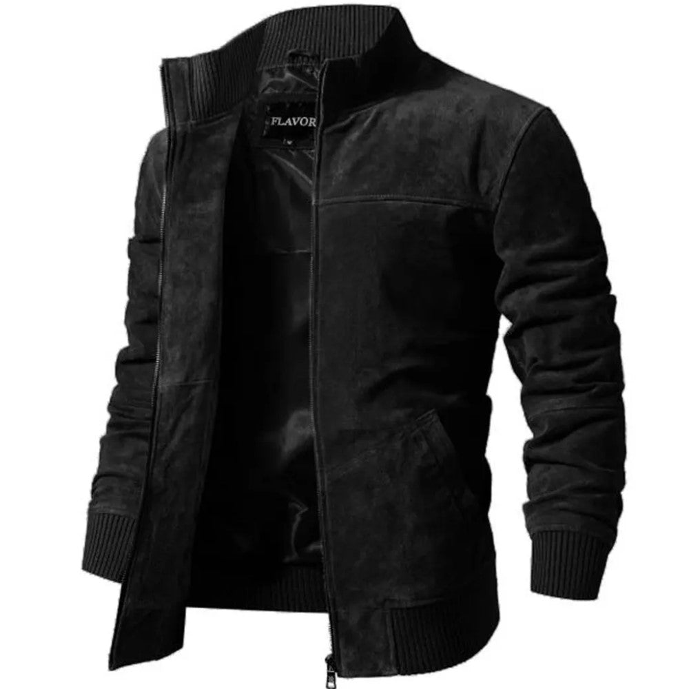 Mens Suede Leather Biker Jacket Slim Fit Motorcycle Coat