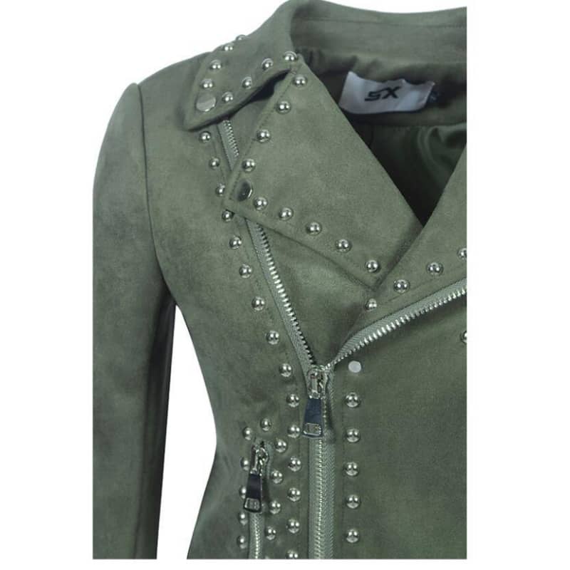 Womens Green Biker Jacket Motorcycle Leather Coat