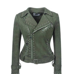 Womens Green Biker Jacket Motorcycle Leather Coat