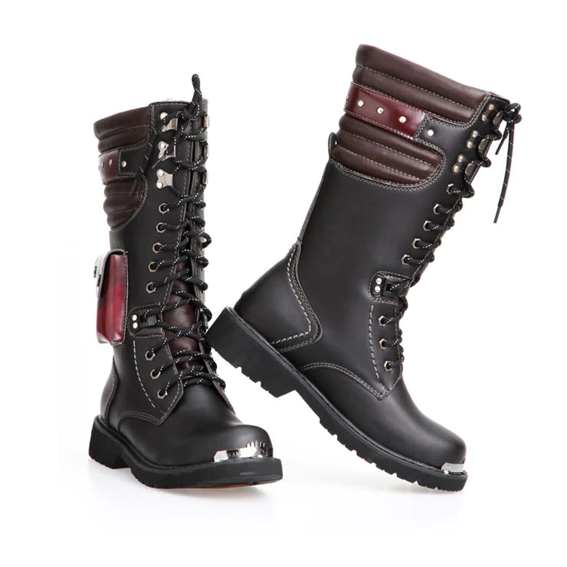 Black and Red Biker Motorcycle Boots for Men