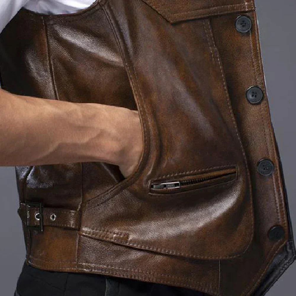 Vintage Brown Leather Biker Vest