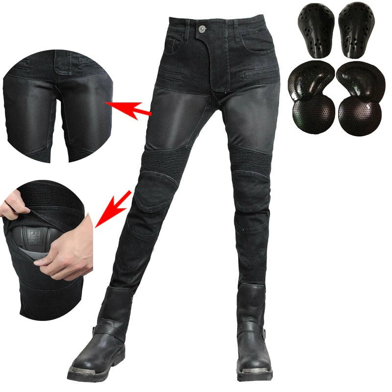 Womens Black Motorcycle Riding Jeans Kevlar Reinforced Slim Fit