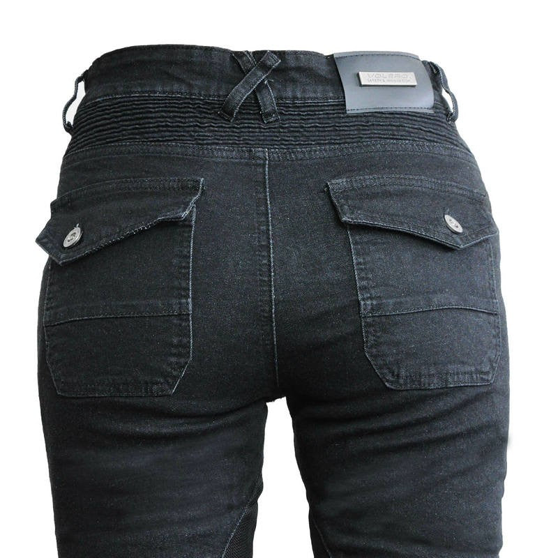 Womens Black Motorcycle Riding Jeans Kevlar Reinforced Slim Fit