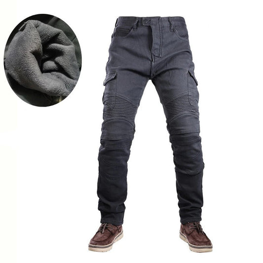 Gray Motorcycle Jeans with Fleece Lining for Men