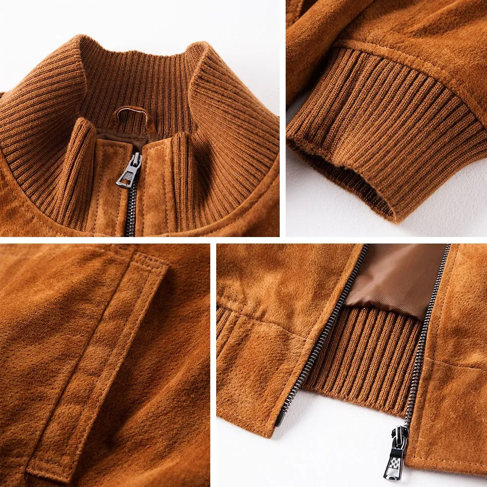 Mens Suede Leather Biker Jacket Slim Fit Motorcycle Coat