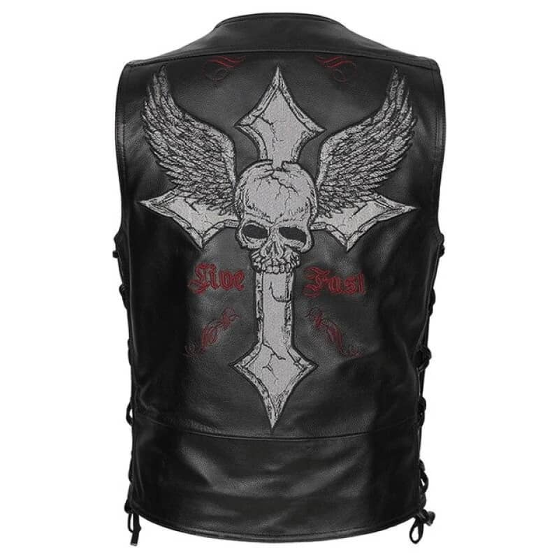 Mens Biker Leather Vest Live Fast Motorcycle Jacket