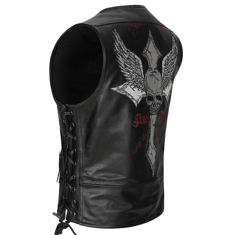Mens Biker Leather Vest Live Fast Motorcycle Jacket