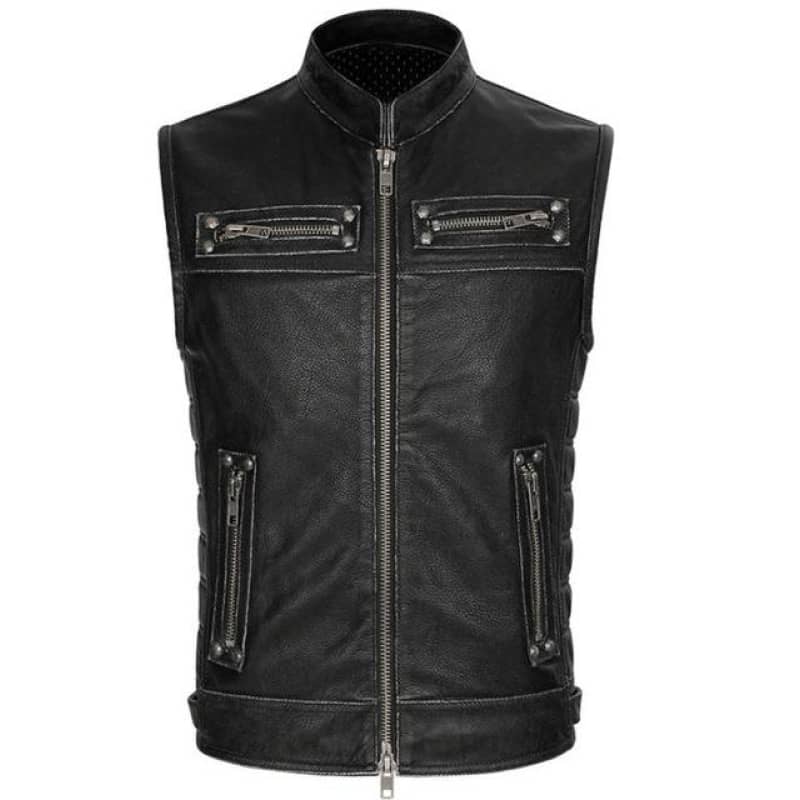 Black Leather Biker Vest Mens Motorcycle Jacket Sleeveless Outerwear