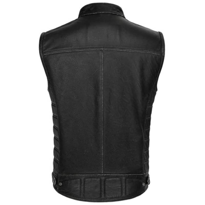 Black Leather Biker Vest Mens Motorcycle Jacket Sleeveless Outerwear