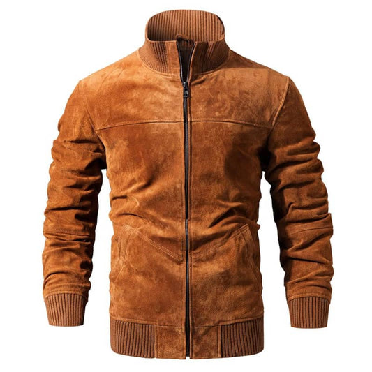 Mens Suede Leather Biker Jacket Slim Fit Motorcycle Coat