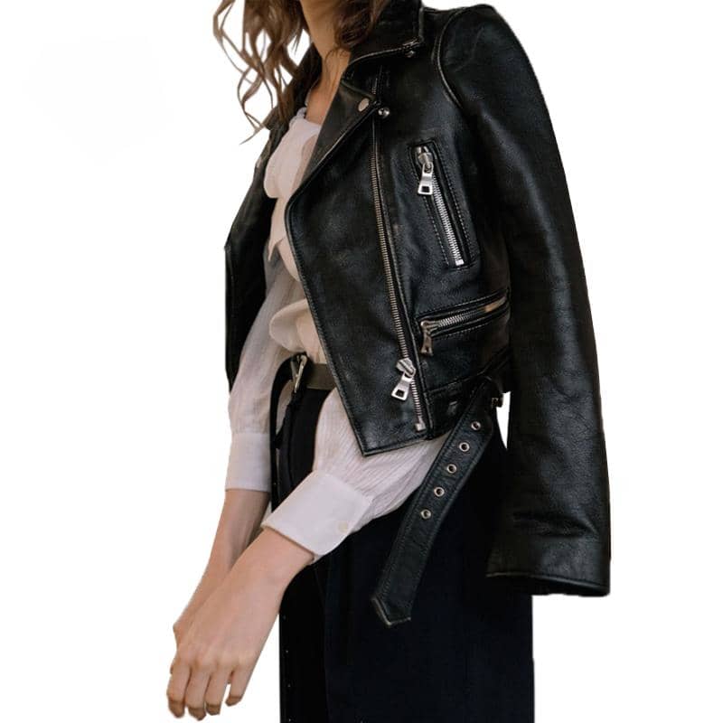 Womens Black Moto Biker Jacket Perfecto Leather Motorcycle Coat